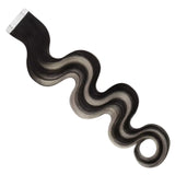 tape in black mix silver hair body wave hair