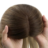 balayage darkest brown with blonde hair topper for short hair