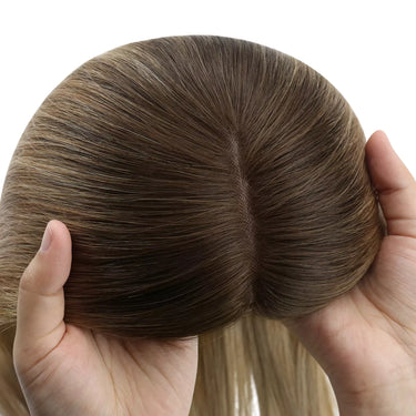balayage darkest brown with blonde hair topper for short hair