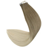 invisible tape in balayage blonde human hair extensions
