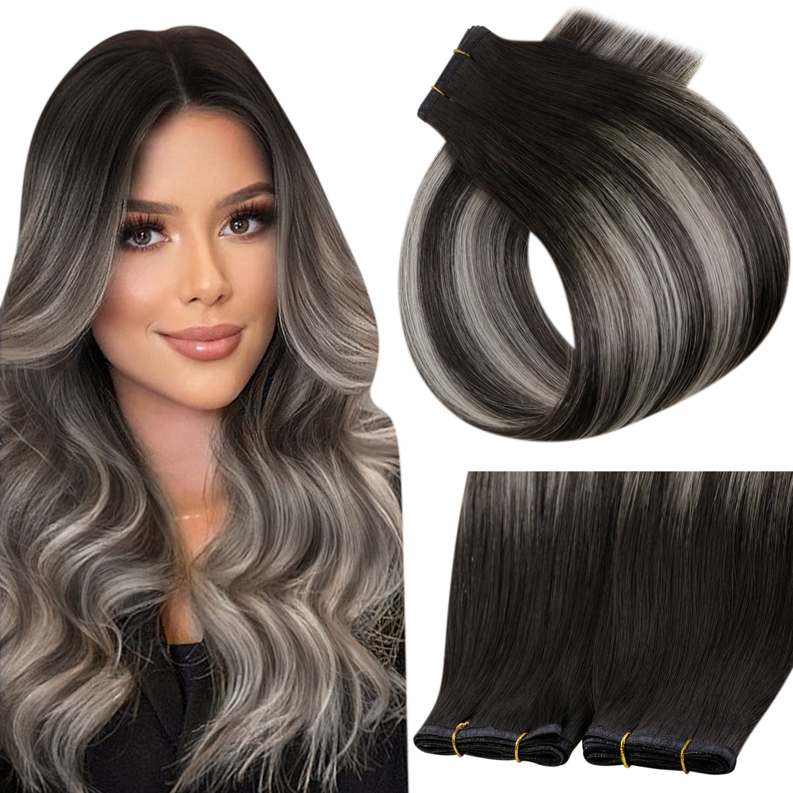 Virgin Flat Silk Hair Weft Bundles Extensions Balayage Schwarz Silber #1b/Silber/1b | LaaVoo