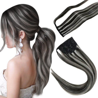 Hair Ponytail Silky Straight Black Root Silver Hair Wrap Around #P1B/silver| LaaVoo