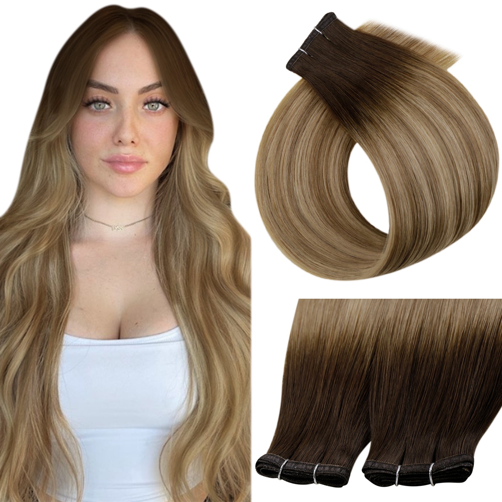 Flat Silk Weft Extensions Seamless Balayage Brown To Blonde #3/8/22| LaaVoo