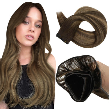 Virgin Flat Weft Extensions Seamless Hair Bundle Balayage Brown Avec Blonde #4/27/4 | LaaVoo