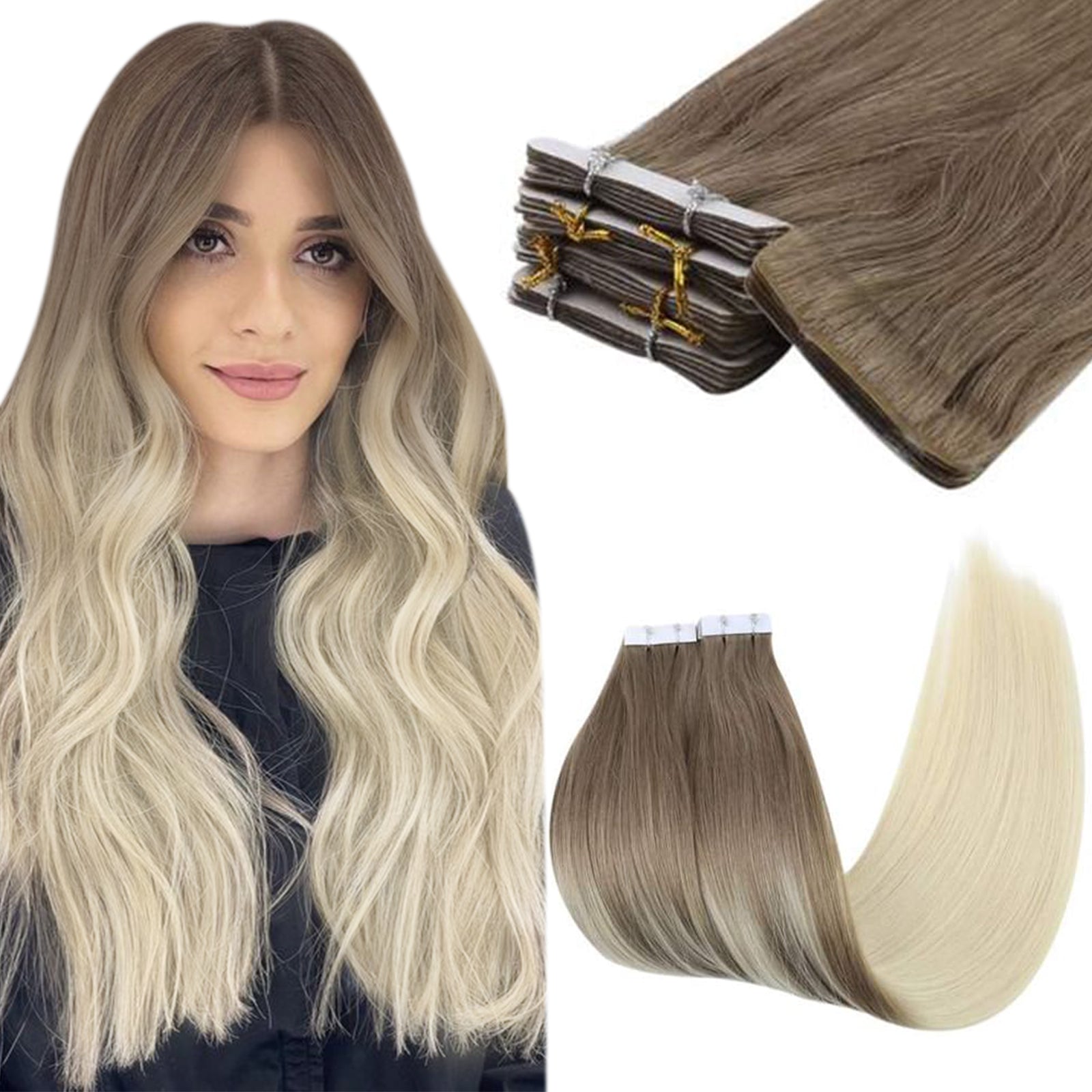 [Virgin Hair] Klebeband aus hochwertigem Echthaar Balyage Braun bis Blond #ba8/60| LaaVoo 