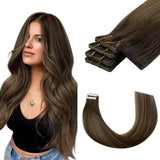 invisible seamless tape in hair extensions balayage darkest brown with light brown straight