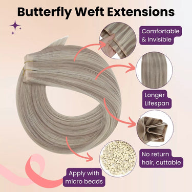 invisible hole weft hair extensions highlight grey blonde hair