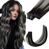 injection tape in hair extensions balayage black with silver straight hair