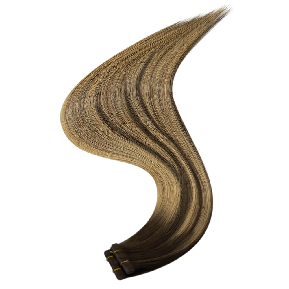 invisible tape in hair extensions balayage brown