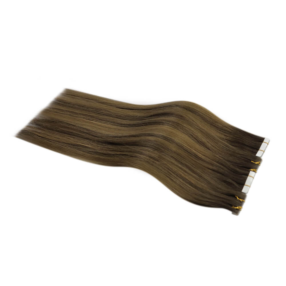 invisible tape in hair extensions balayage brown