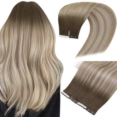 [Virgin Hair] Doppelseitiges Klebeband in Echthaar Balayage Braun mit Blond #4/27/4| LaaVoo 