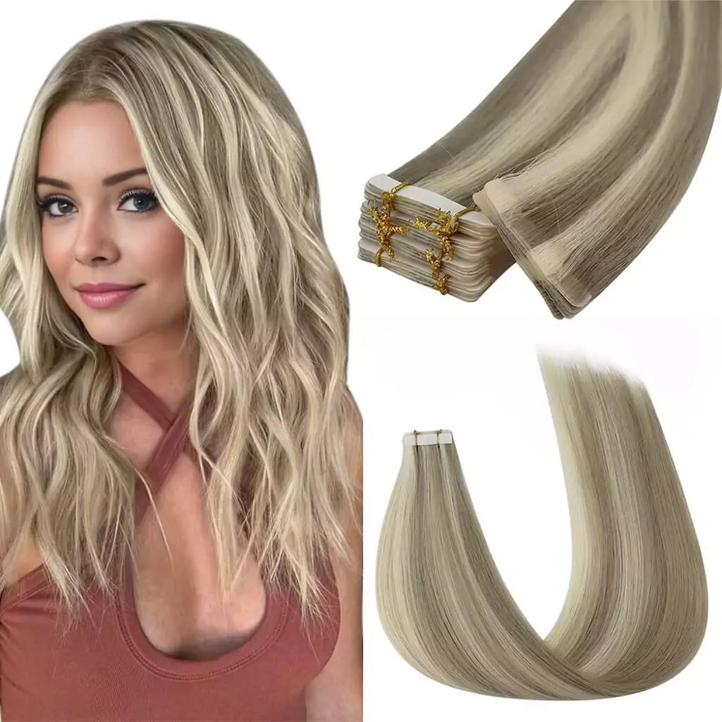 tape in hair extensions invisible highlight light brown with platinum blonde