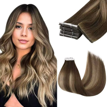 tape ins invisible virgin hair balayage dark brown with camel 