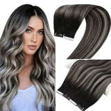 tape in human hair extensions balayage black mix silver