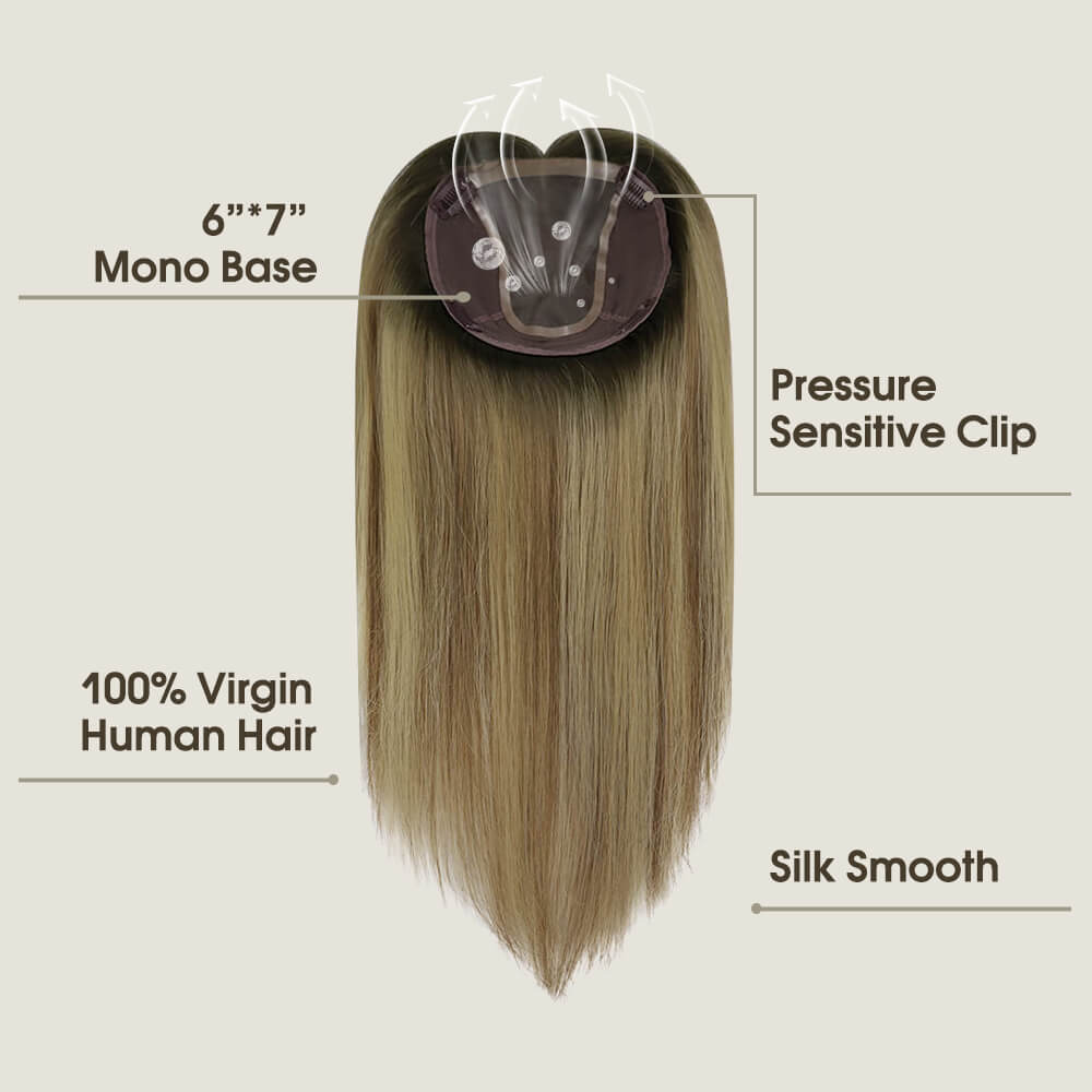 [Cheveux vierges] 15,2 x 17,8 cm Topper Morceaux de cheveux raides Balayage Marron avec Blonde #2/6/18 | LaaVoo 