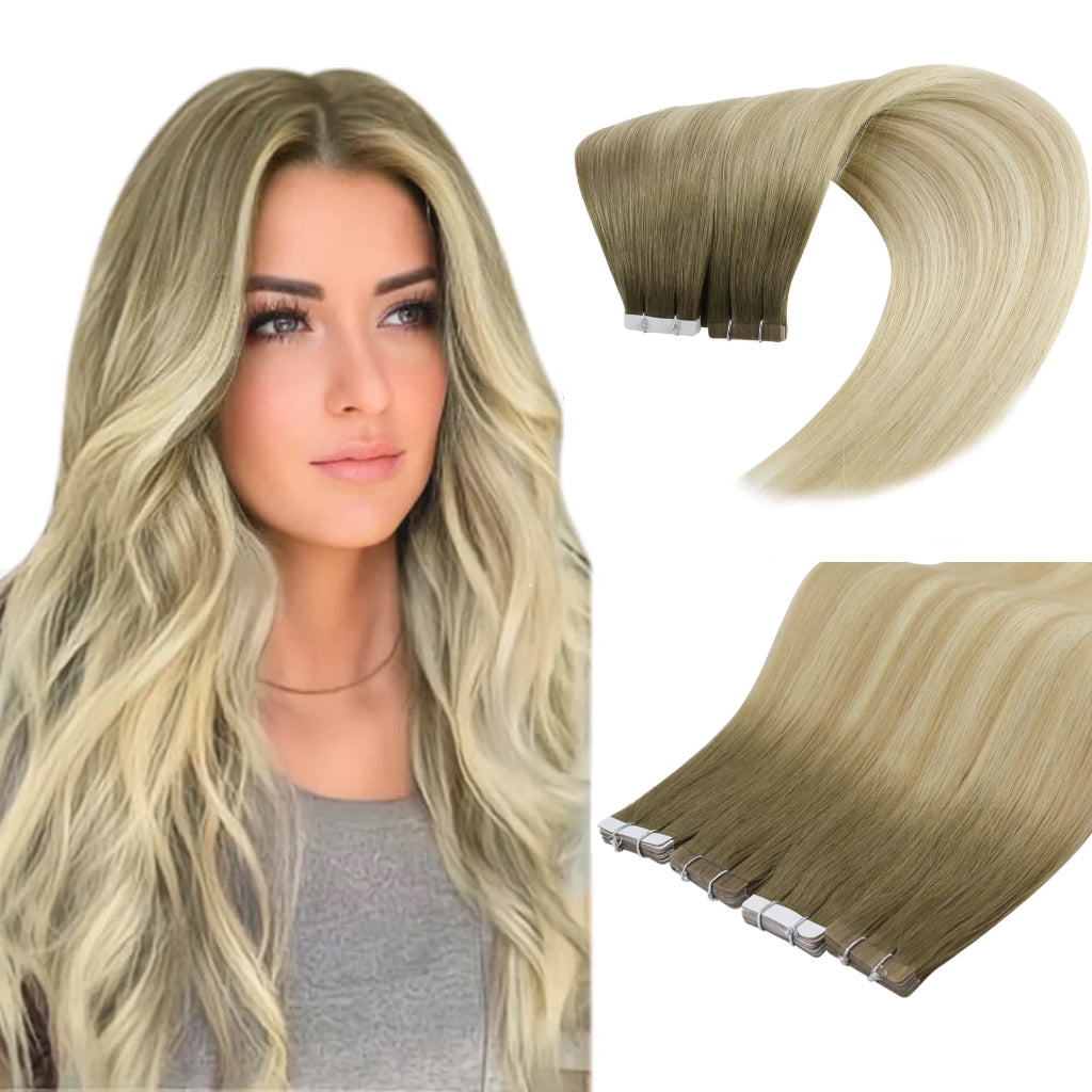 [Virgin Hair] Doppelseitiges Klebeband in Echthaar Balayage Braun mit Blond #4/27/4| LaaVoo 