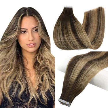 virgin tape in hair extensions balayage dark brown with blonde #BM